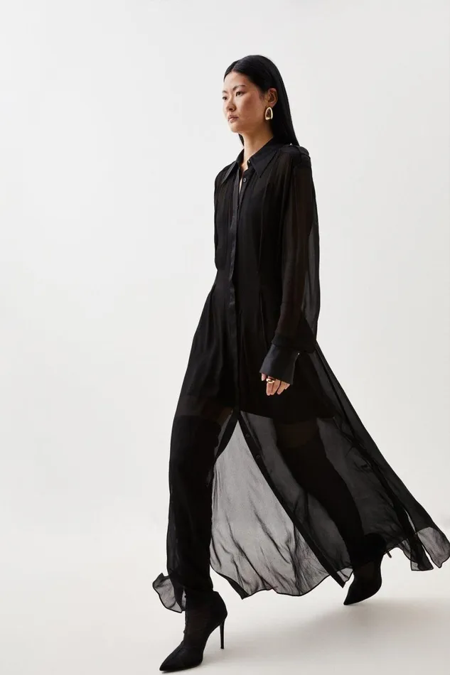 Dresses Women Karen Millen Premium Georgette Sheer Woven Maxi Shirt Dress Black Dresses Women Karen Millen Premium Georgette Sheer Woven Maxi Shirt Dress Black