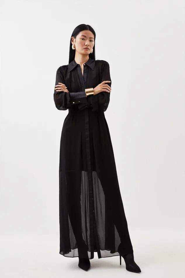 Dresses Women Karen Millen Premium Georgette Sheer Woven Maxi Shirt Dress Black