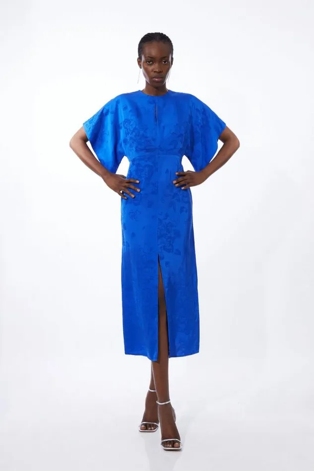 Dresses Women Karen Millen Premium Jacquard Midaxi Sleeve Woven Dress Blue