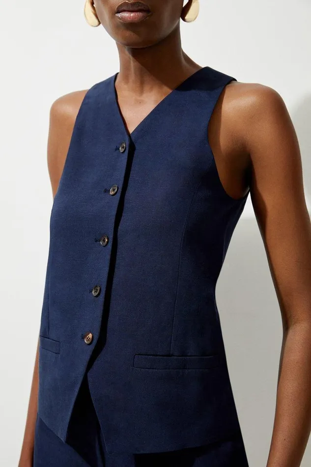 Dresses Women Karen Millen Premium Linen Tailored Button Through Longline Waistcoat Navy