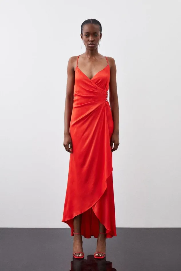 Dresses Women Karen Millen Premium Ruched Satin Slip Woven Maxi Dress Red