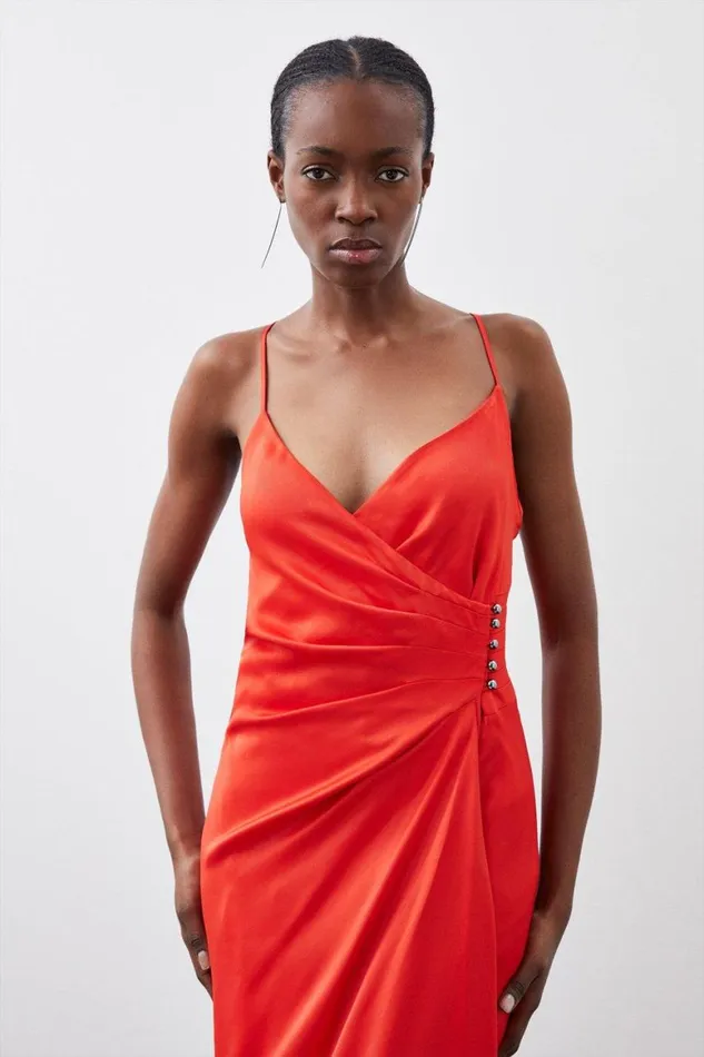 Dresses Women Karen Millen Premium Ruched Satin Slip Woven Maxi Dress Red