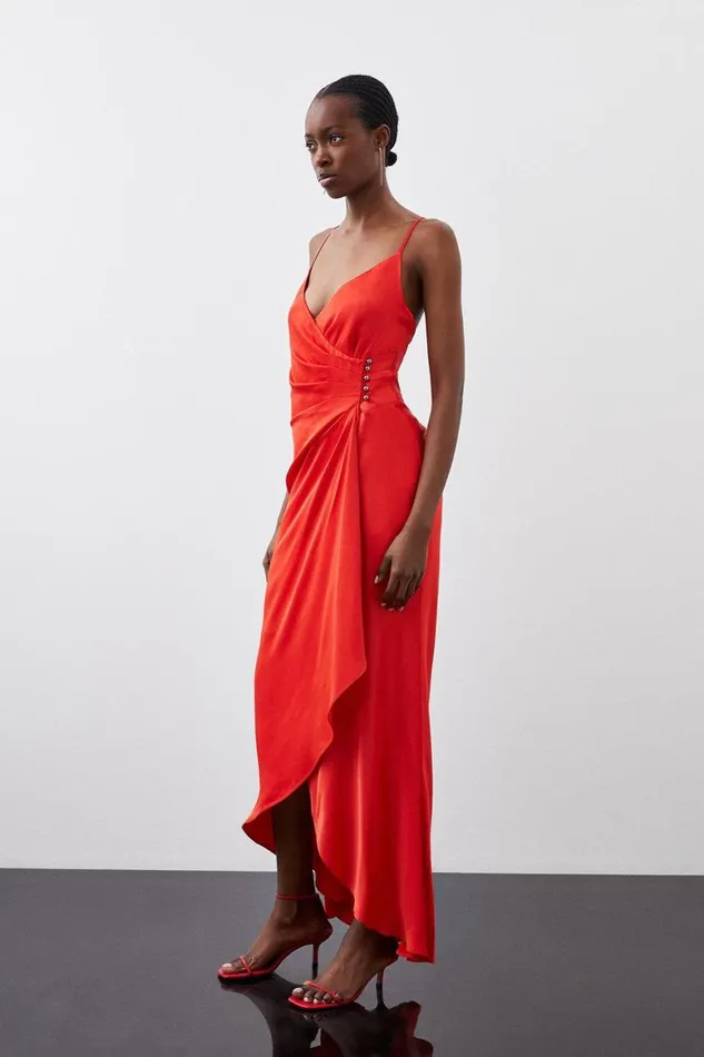 Dresses Women Karen Millen Premium Ruched Satin Slip Woven Maxi Dress Red