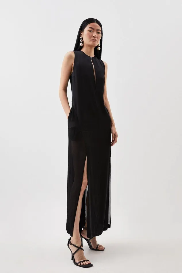 Dresses Women Karen Millen Premium Sheer Detailed Satin Column Maxi Dress Black Dresses Women Karen Millen Premium Sheer Detailed Satin Column Maxi Dress Black