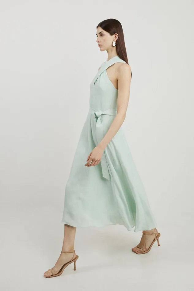 Dresses Women Karen Millen Premium Tailored Linen Halterneck Full Skirted Midi Dress Sage Dresses Women Karen Millen Premium Tailored Linen Halterneck Full Skirted Midi Dress Sage