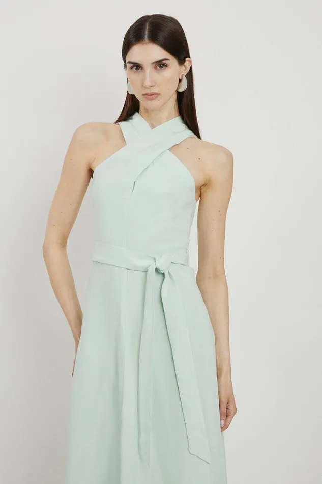 Dresses Women Karen Millen Premium Tailored Linen Halterneck Full Skirted Midi Dress Sage