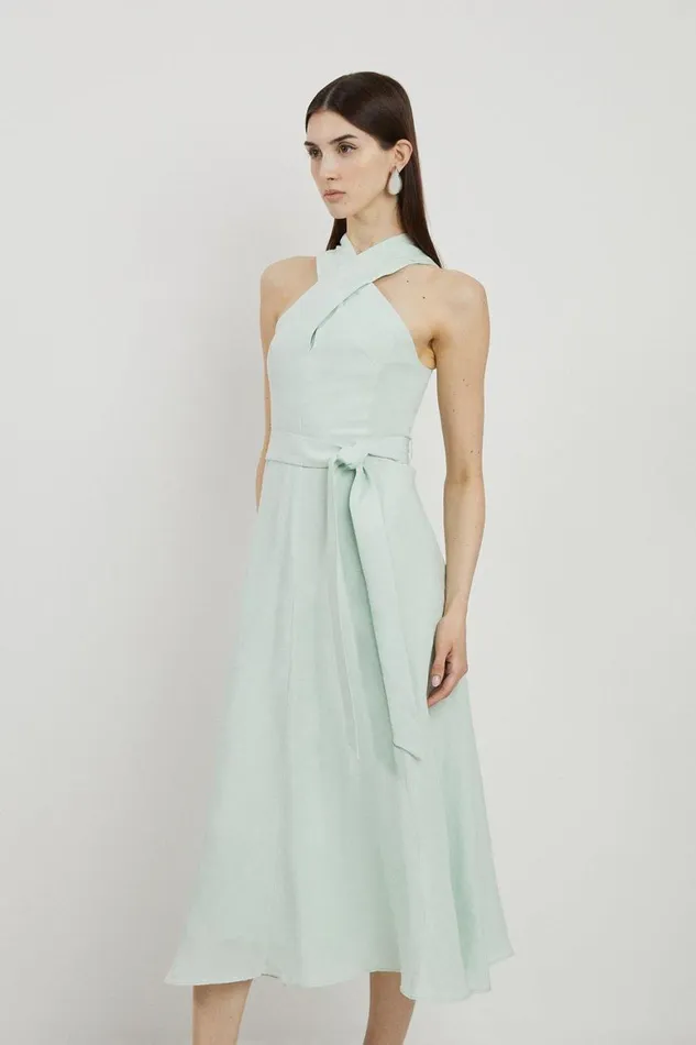 Dresses Women Karen Millen Premium Tailored Linen Halterneck Full Skirted Midi Dress Sage