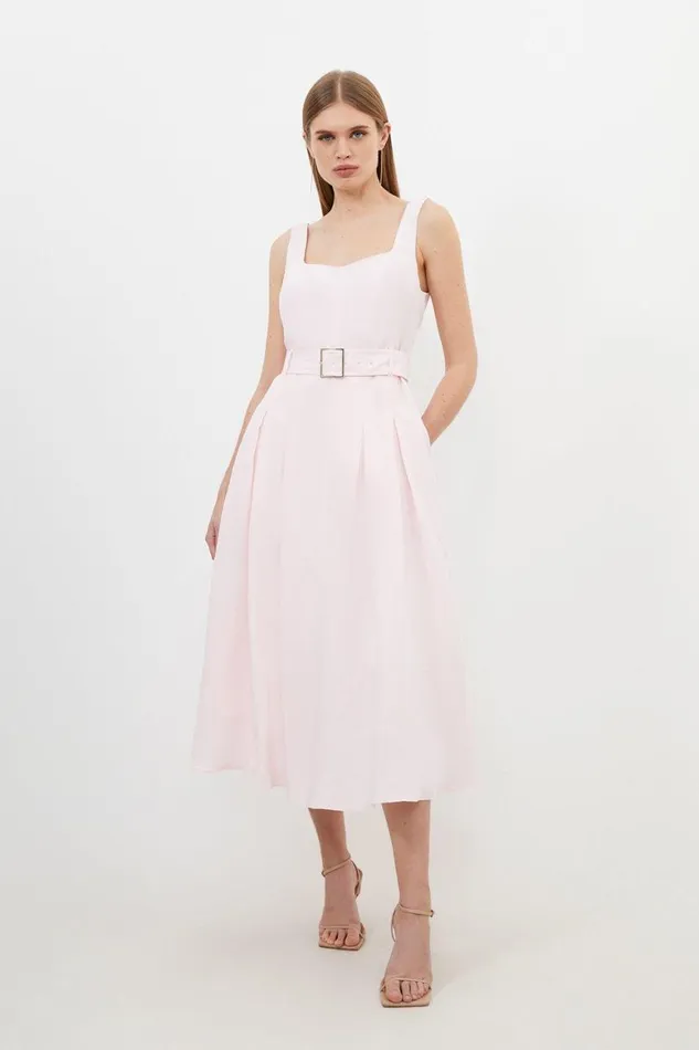 Dresses Women Karen Millen Premium Tailored Linen Square Neck Belted Midi Dress Blush Dresses Women Karen Millen Premium Tailored Linen Square Neck Belted Midi Dress Blush