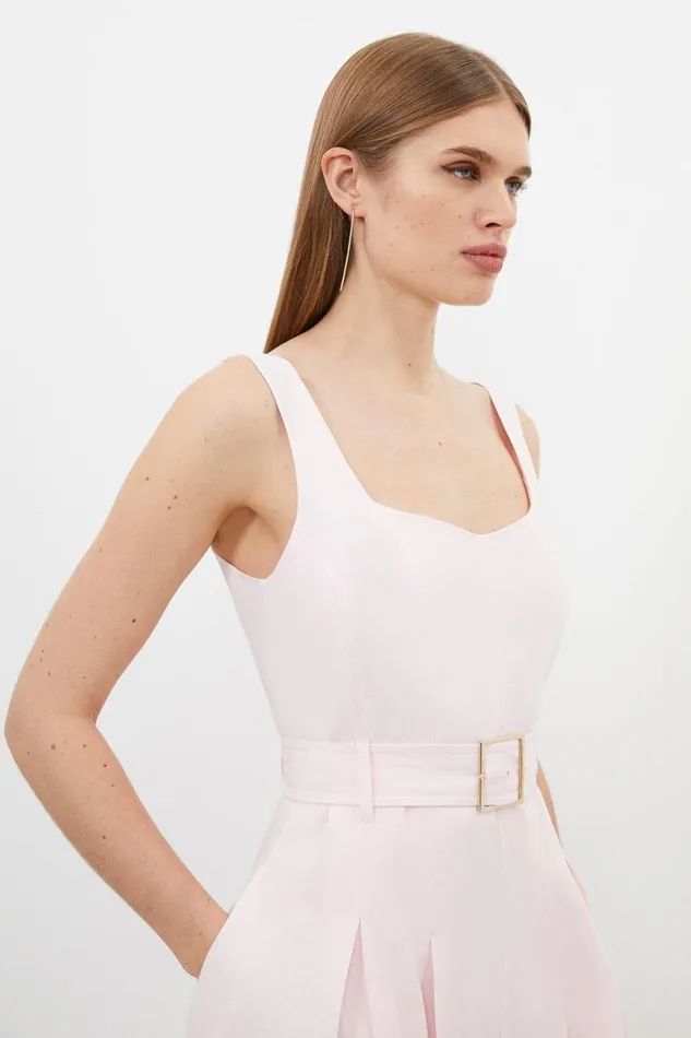 Dresses Women Karen Millen Premium Tailored Linen Square Neck Belted Midi Dress Blush