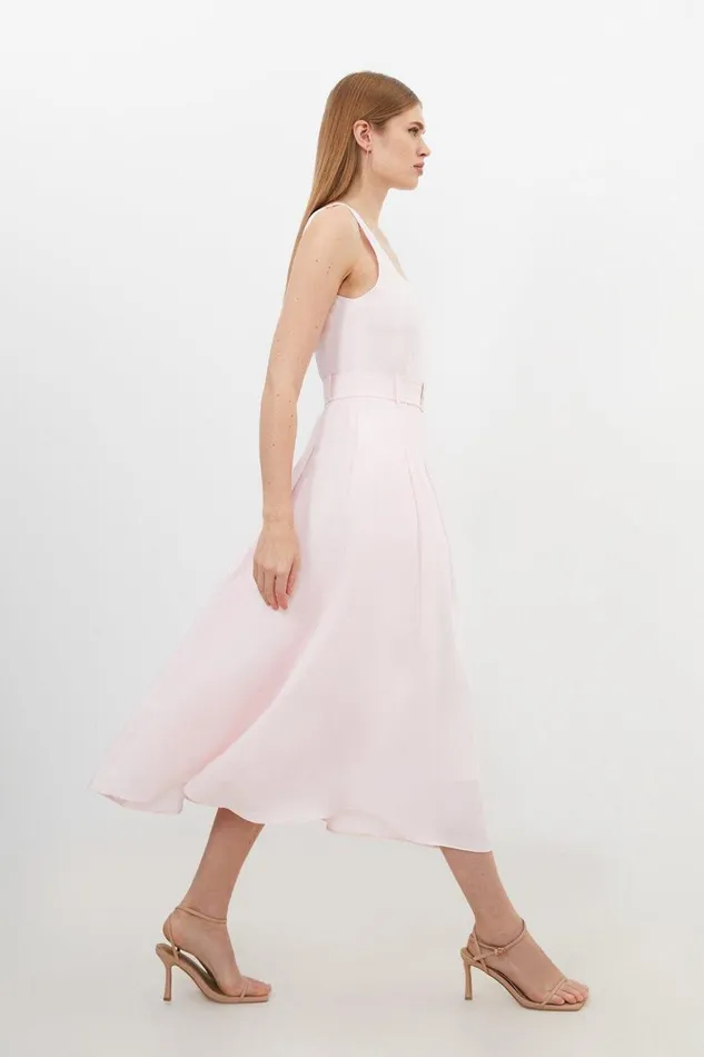 Dresses Women Karen Millen Premium Tailored Linen Square Neck Belted Midi Dress Blush