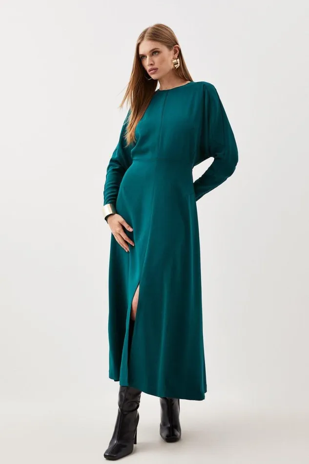 Dresses Women Karen Millen Premium Woven Viscose Crepe Long Sleeve Midi Dress Green Dresses Women Karen Millen Premium Woven Viscose Crepe Long Sleeve Midi Dress Green