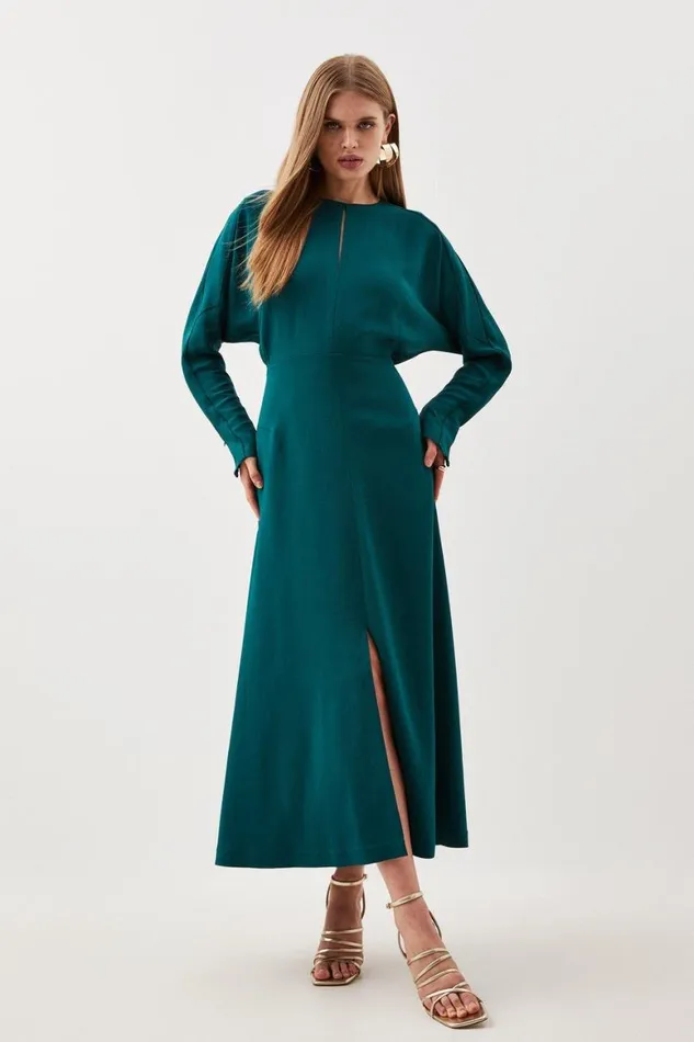 Dresses Women Karen Millen Premium Woven Viscose Crepe Long Sleeve Midi Dress Green