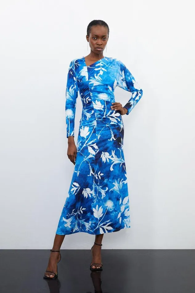 Dresses Women Karen Millen Pressed Floral Print Asymmetric Jersey Crepe Maxi Dress Blue Dresses Women Karen Millen Pressed Floral Print Asymmetric Jersey Crepe Maxi Dress Blue