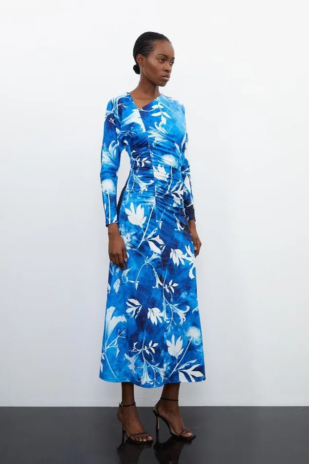Dresses Women Karen Millen Pressed Floral Print Asymmetric Jersey Crepe Maxi Dress Blue