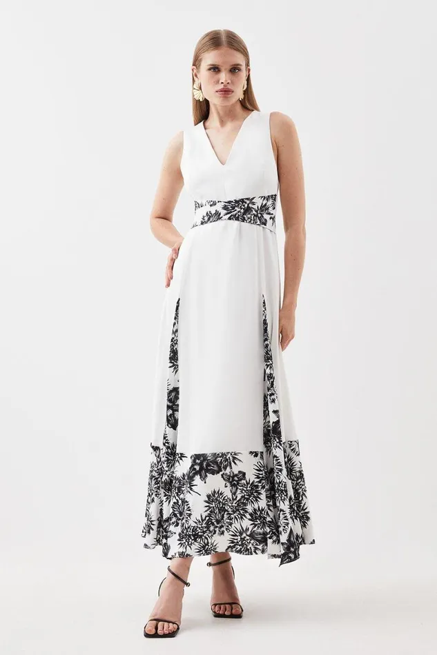 Dresses Women Karen Millen Satin Back Crepe Floral Blocking Pleated Maxi Dress Mono Dresses Women Karen Millen Satin Back Crepe Floral Blocking Pleated Maxi Dress Mono