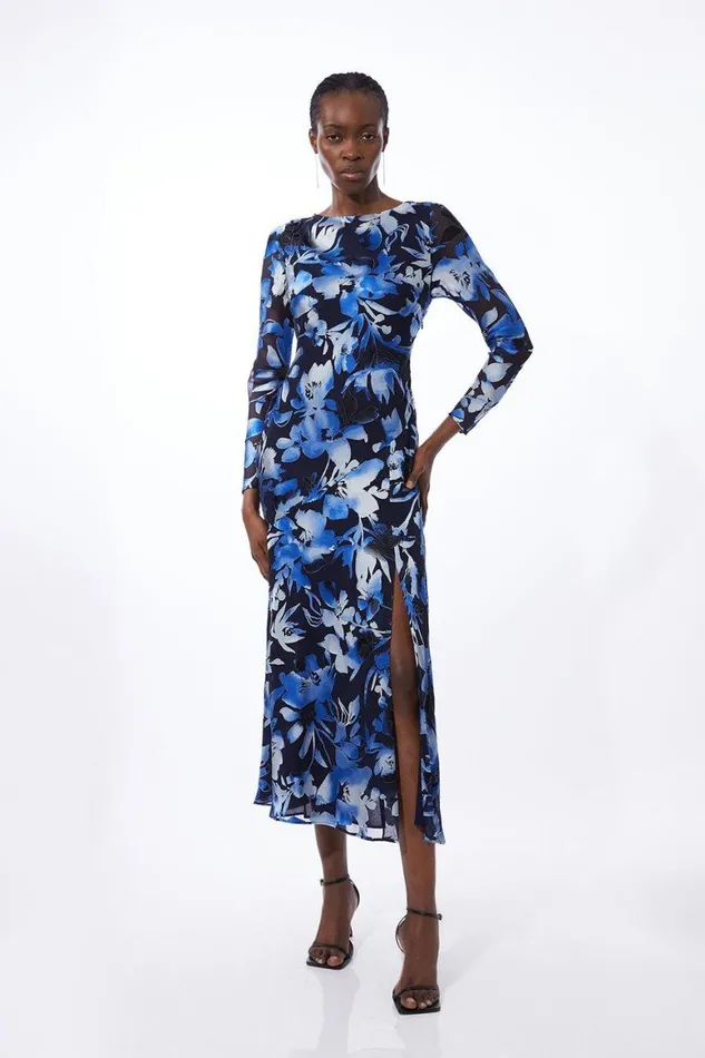 Dresses Women Karen Millen Satin Floral Devore Woven Maxi Dress Navy