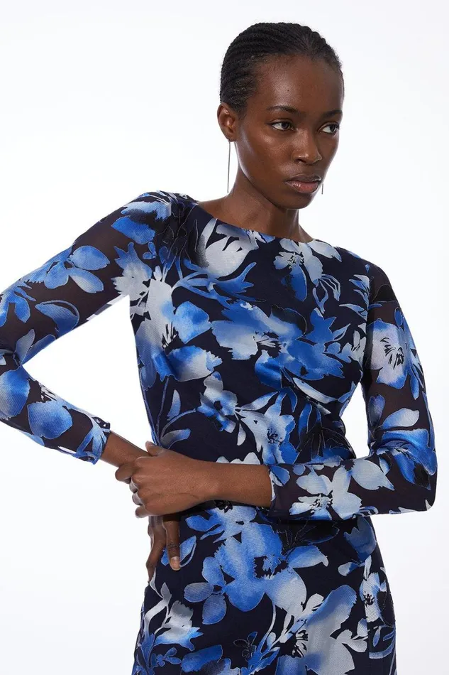 Dresses Women Karen Millen Satin Floral Devore Woven Maxi Dress Navy