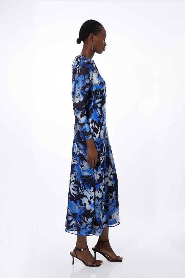 Dresses Women Karen Millen Satin Floral Devore Woven Maxi Dress Navy