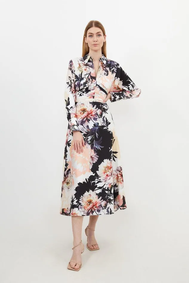 Dresses Women Karen Millen Satin Floral Print Collared Woven Midi Dress Floral