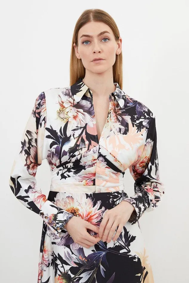 Dresses Women Karen Millen Satin Floral Print Collared Woven Midi Dress Floral