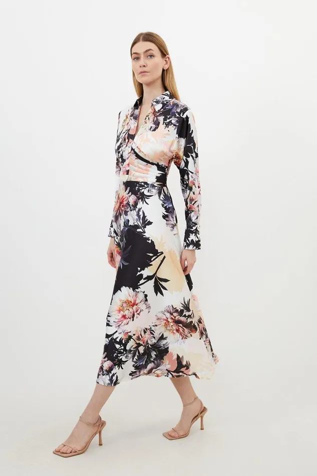 Dresses Women Karen Millen Satin Floral Print Collared Woven Midi Dress Floral