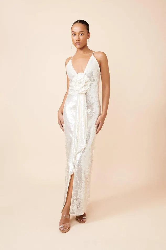 Dresses Women Karen Millen Sequin Rosette Plunge Woven Maxi Dress Ivory