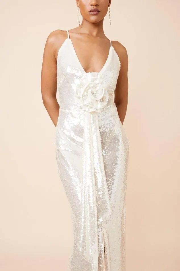 Dresses Women Karen Millen Sequin Rosette Plunge Woven Maxi Dress Ivory