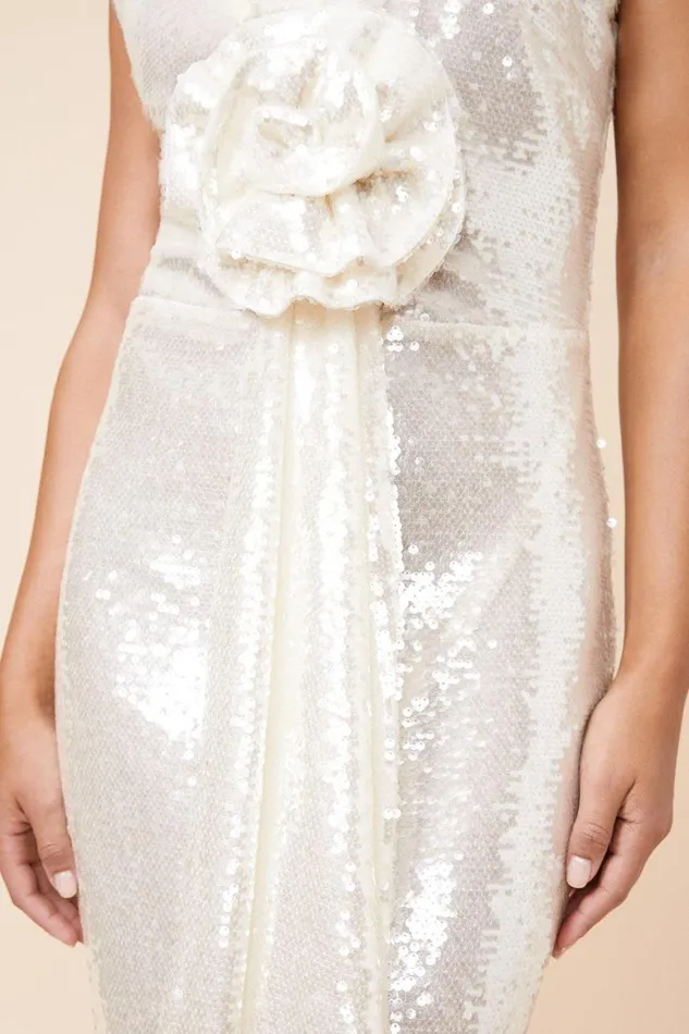 Dresses Women Karen Millen Sequin Rosette Plunge Woven Maxi Dress Ivory