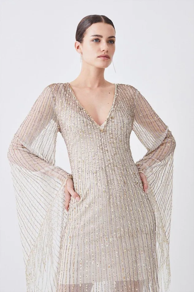 Dresses Women Karen Millen Sheer Crystal Embellished Kimono Sleeve Fringe Maxi Ivory Dresses Women Karen Millen Sheer Crystal Embellished Kimono Sleeve Fringe Maxi Ivory
