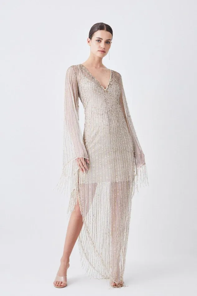 Dresses Women Karen Millen Sheer Crystal Embellished Kimono Sleeve Fringe Maxi Ivory