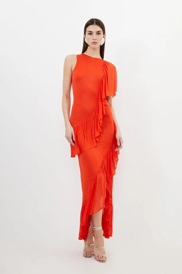 Dresses Women Karen Millen Slinky Knit Woven Mix Ruffle Midaxi Dress Red