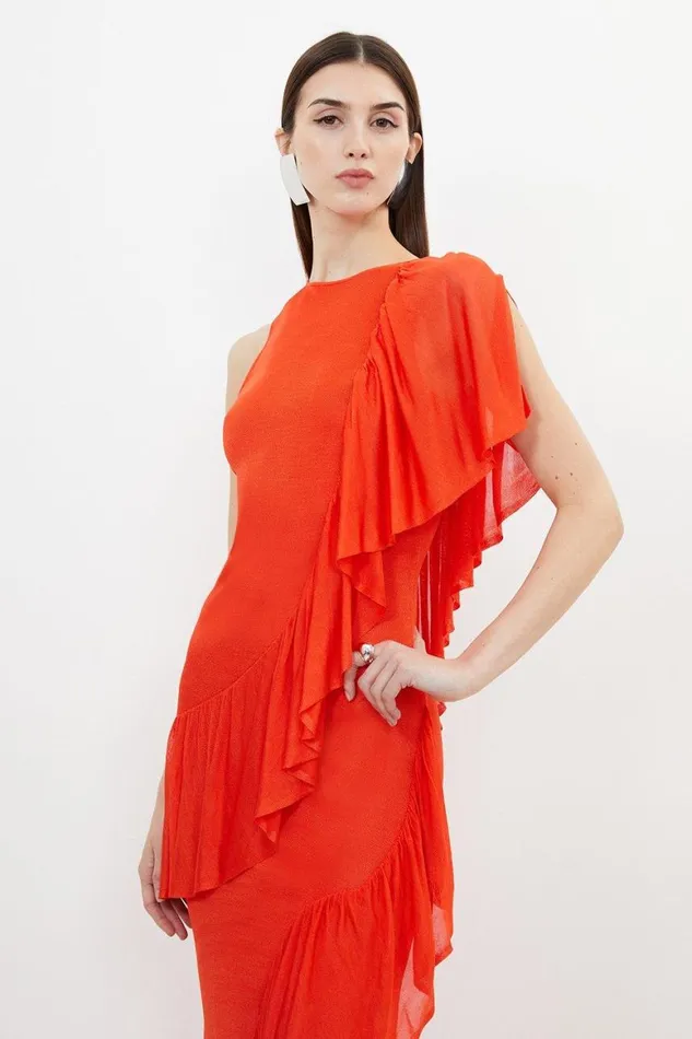 Dresses Women Karen Millen Slinky Knit Woven Mix Ruffle Midaxi Dress Red