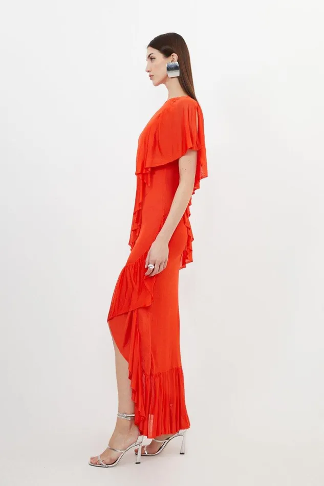 Dresses Women Karen Millen Slinky Knit Woven Mix Ruffle Midaxi Dress Red