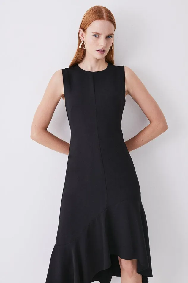 Dresses Women Karen Millen Soft Tailored Sleeveless Full Skirt High Low Midi Dress Black
