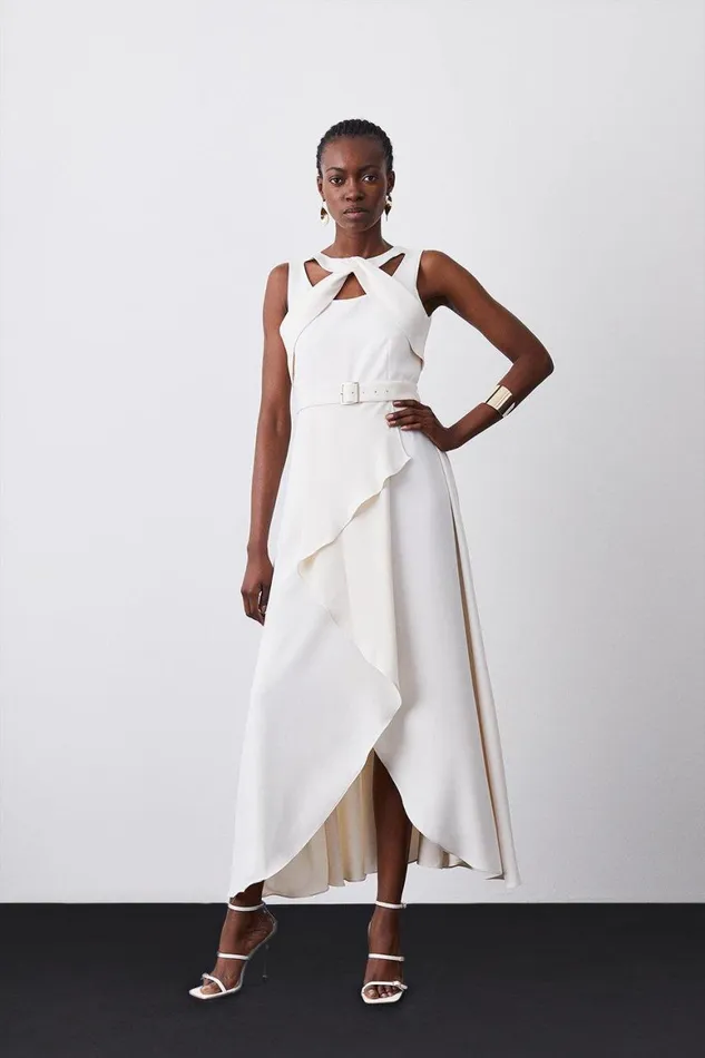 Dresses Women Karen Millen Soft Tailored Tie Neck Detail Waterfall Maxi Length Ivory Dresses Women Karen Millen Soft Tailored Tie Neck Detail Waterfall Maxi Length Ivory