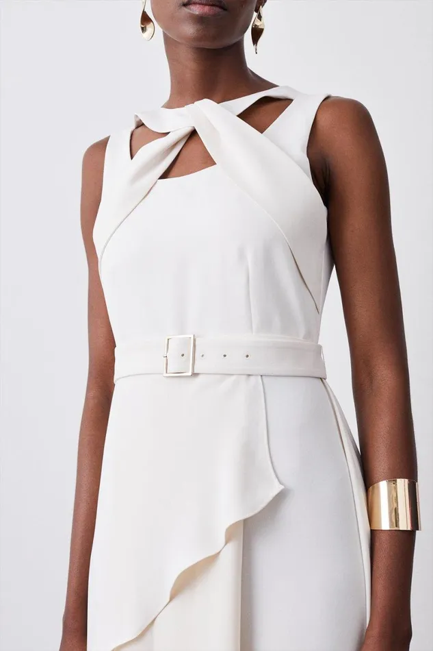 Dresses Women Karen Millen Soft Tailored Tie Neck Detail Waterfall Maxi Length Ivory