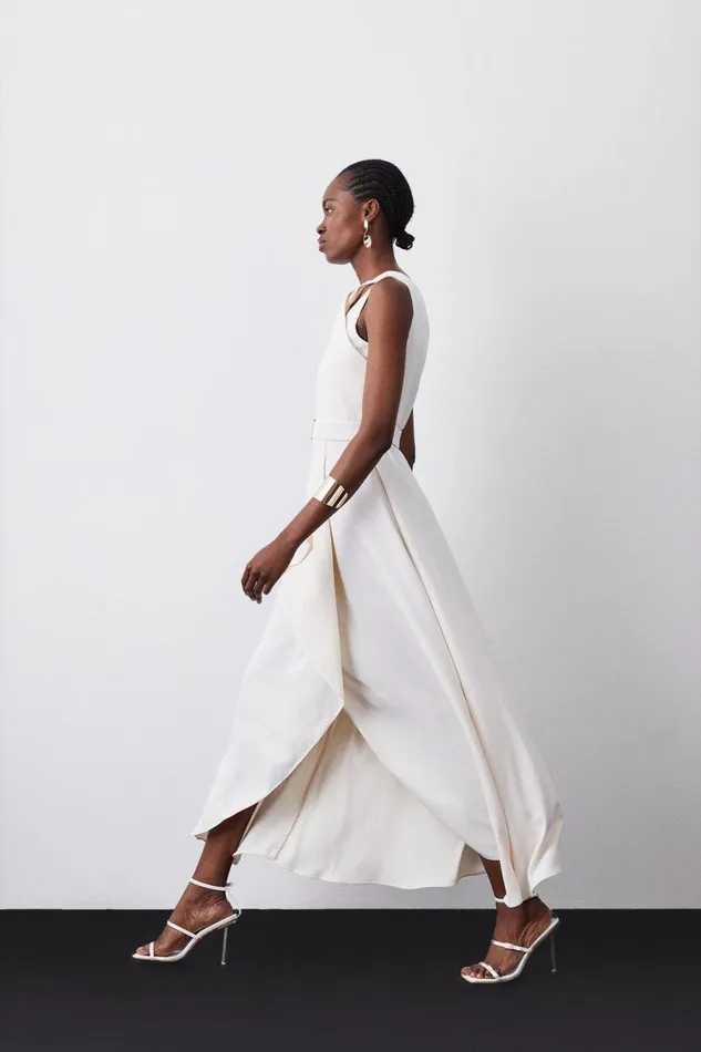 Dresses Women Karen Millen Soft Tailored Tie Neck Detail Waterfall Maxi Length Ivory
