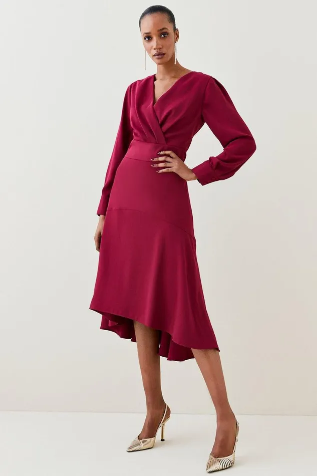 Dresses Women Karen Millen Soft Tailored Wrap Sleeved High Low Midi Dress Merlot Dresses Women Karen Millen Soft Tailored Wrap Sleeved High Low Midi Dress Merlot