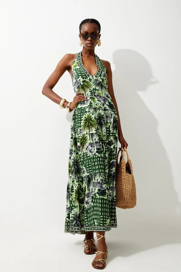 Dresses Women Karen Millen Summer Palm Tiered Maxi Dress Green