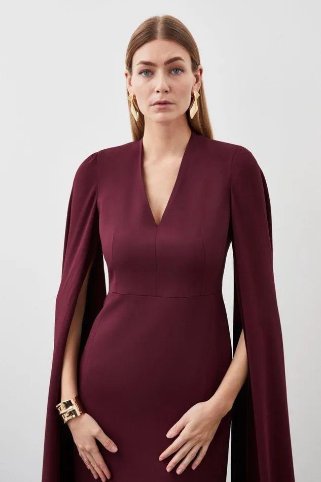 Dresses Women Karen Millen Tailored Compact Stretch Viscose Cape Sleeve Midi Pencil Dress Oxblood
