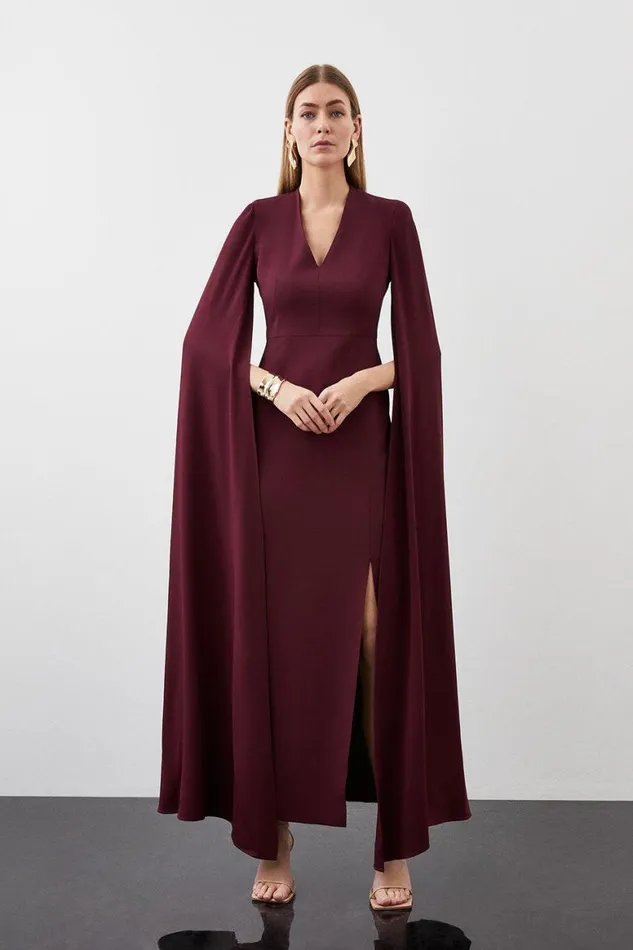 Dresses Women Karen Millen Tailored Compact Stretch Viscose Cape Sleeve Midi Pencil Dress Oxblood
