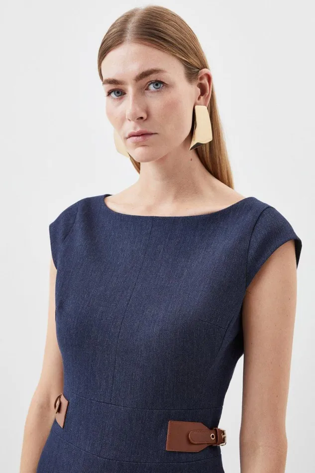 Dresses Women Karen Millen Tailored Denim Tab Detail Cap Sleeve Midi Pencil Dress Blue