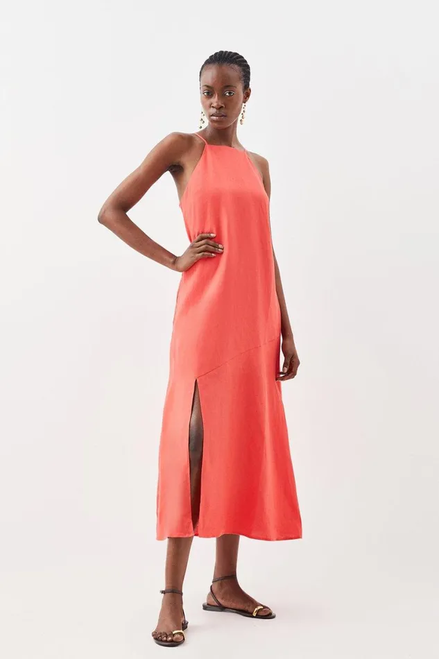 Dresses Women Karen Millen Tailored Linen Slit Detail Strappy Maxi Dress Coral Dresses Women Karen Millen Tailored Linen Slit Detail Strappy Maxi Dress Coral