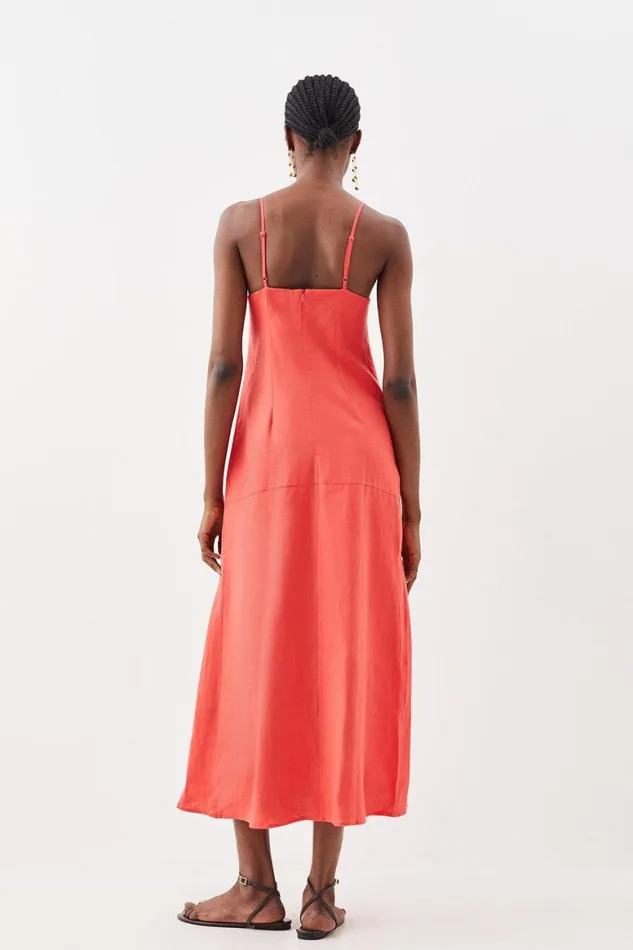 Dresses Women Karen Millen Tailored Linen Slit Detail Strappy Maxi Dress Coral