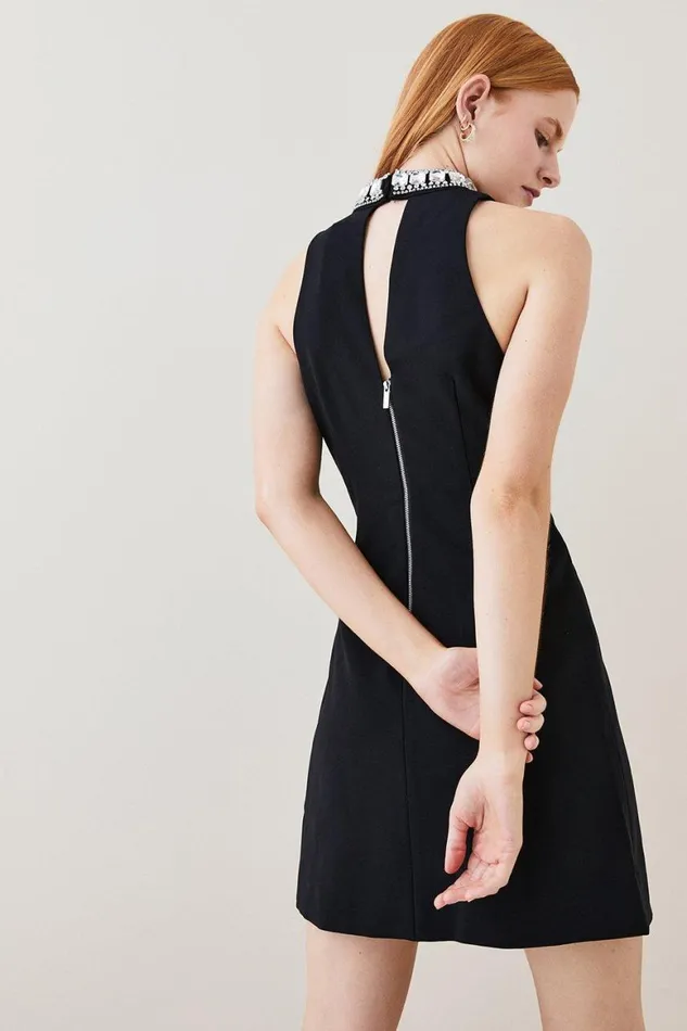 Dresses Women Karen Millen Tall Crystal Embellished Woven Mini Dress Black