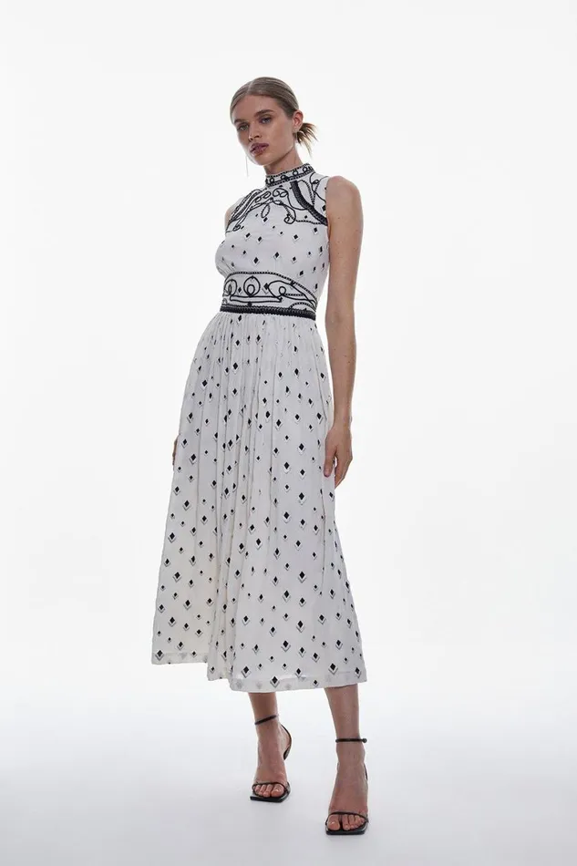 Dresses Women Karen Millen Tall Embroidered Cornelli Tape Woven Dress Ivory