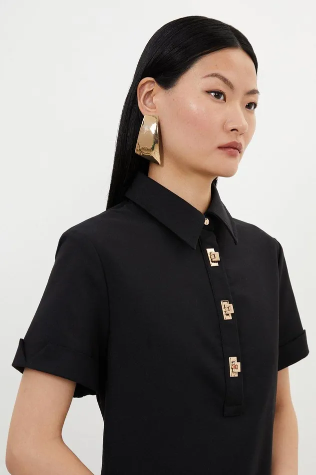 Dresses Women Karen Millen Techno Cotton Woven Short Shirt Dress With Gold Clasp Black
