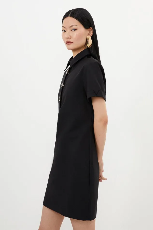 Dresses Women Karen Millen Techno Cotton Woven Short Shirt Dress With Gold Clasp Black