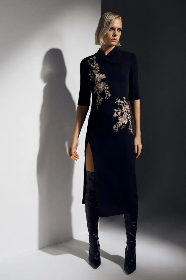 Dresses Women Karen Millen The Founder Compact Stretch Viscose Embroidered Pencil Dress Black