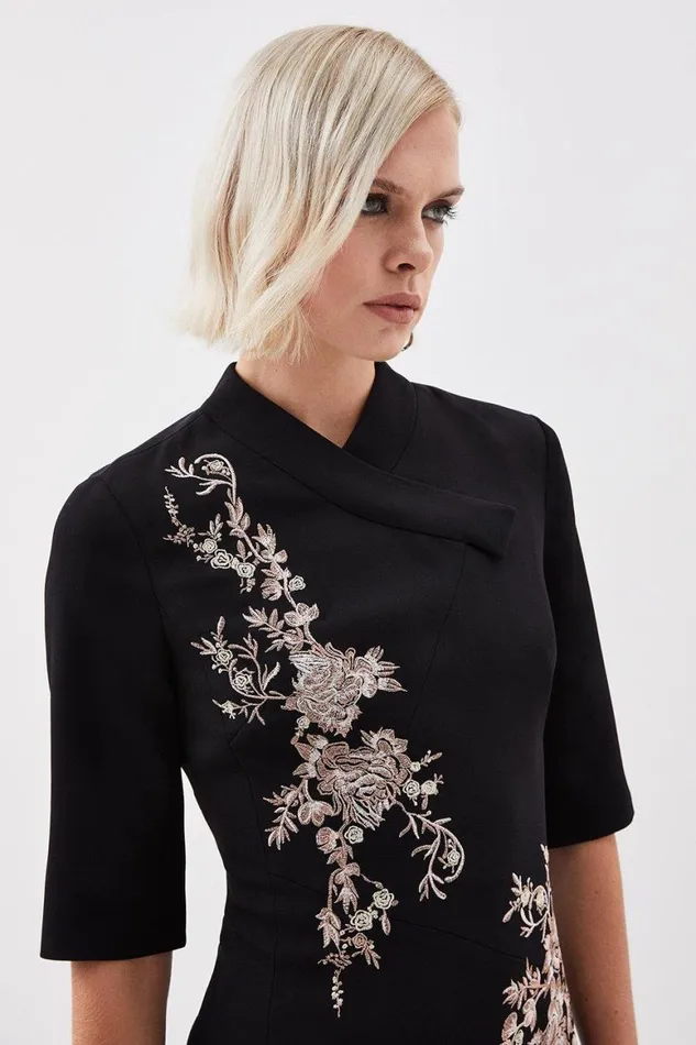 Dresses Women Karen Millen The Founder Compact Stretch Viscose Embroidered Pencil Dress Black